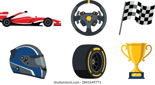A collection of flat vector icons representing Formula 1 racing elements including a race car, steering wheel, checkered flag, helmet, tire, and trophy.