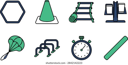 A collection of flat vector icons representing various fitness, sports, and training equipment in a minimalist green and dark blue color palette.