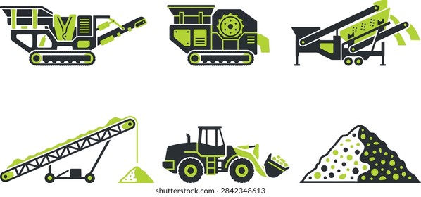 A collection of flat vector icons representing heavy construction machinery, mining equipment, crushers, conveyors, and piles of gravel.