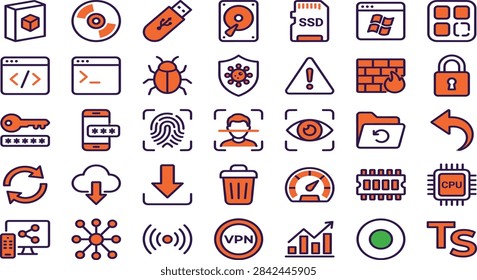 A collection of flat vector icons representing various cybersecurity, computing, networking, and software development concepts in a modern orange and dark blue color scheme.