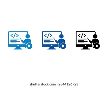 A collection of flat vector icons representing online coding education, software development tutorials, and digital learning with computer screens and instructors.