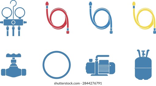 A collection of flat vector icons representing HVAC equipment, including gauges, hoses, valves, vacuum pumps, and refrigerant canisters.