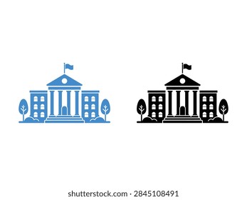 A collection of flat vector icons representing university campus buildings or government institutions with columns and flags in blue and black styles.