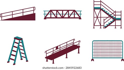 A collection of flat vector icons representing various industrial structures, including ramps, stairs, ladders, bridges, and metal security fencing.