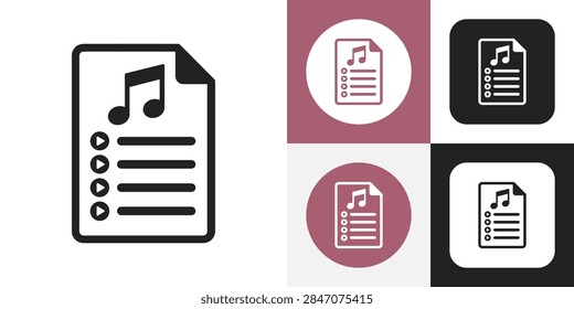 A collection of flat vector icons representing music playlists, song lists, and audio files in various styles and color variations.