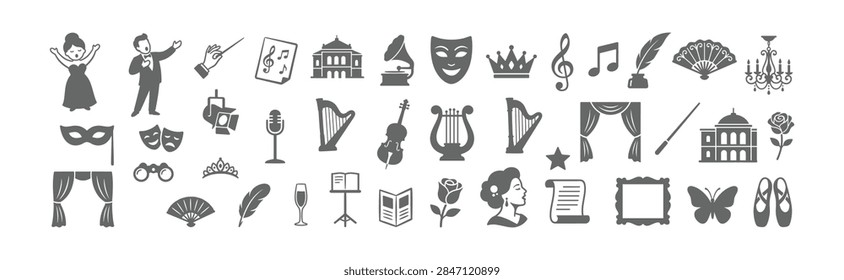 A collection of flat vector icons representing theater opera music and performing arts elements