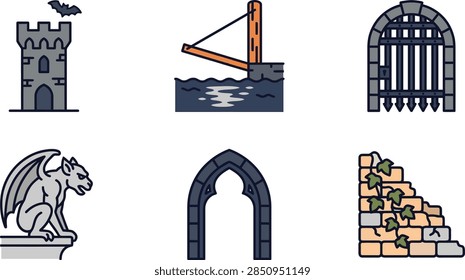 A collection of flat vector icons representing medieval castle elements, including a tower, drawbridge, gate, gargoyle, stone archway, and ivy-covered wall.