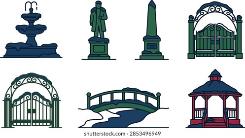 A collection of flat vector icons representing various park elements covered in snow, including a fountain, statue, obelisk, gates, bridge, and gazebo.