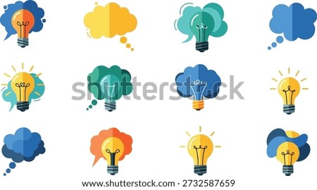 A collection of flat vector icons representing innovative ideas, creative thinking, and problem-solving, using lightbulbs, brains, and thought clouds.