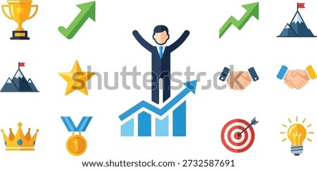 A collection of flat vector icons representing business success, including trophies, medals, charts, targets, and handshake symbols.