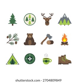 a collection of flat vector icons themed around camping, hiking, and outdoor adventures.