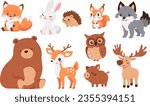 Collection of flat vector illustration with forest animals on white background. Bear deer hare wolf owl squirrel fox elk hedgehog wild boar. Cute children's illustrations on white background 