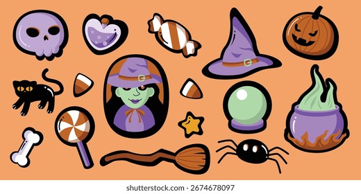 Collection of flat vector illustration of Halloween theme with witch elements. Hat, broom, potion, and spooky icons in cute and minimal style. Perfect for posters, stickers, and seasonal design.