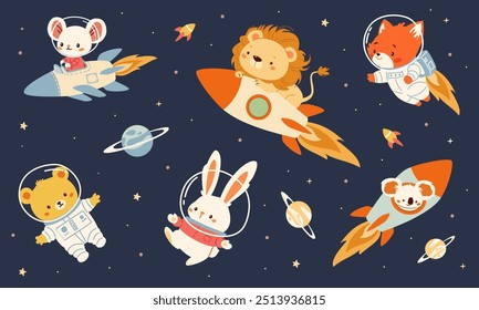 A collection of flat vector illustrations in children's style. Cute animals flying in spacesuits and on a rocket. Lion mouse bunny koala fox bear cub