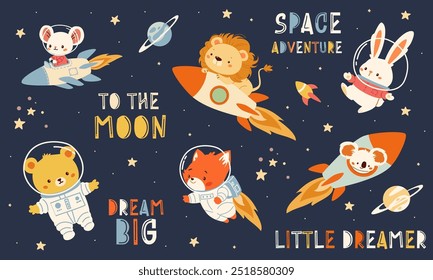 A collection of flat vector illustrations in children's style. Cute animals flying in spacesuits and on a rocket. Lion mouse bunny koala fox bear cub. A set of space-themed lettering and captions. 