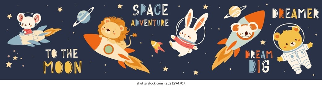 A collection of flat vector illustrations in children's style. Cute animals flying in spacesuits and on a rocket. Lion mouse bunny koala fox bear cub. A set of space-themed lettering and captions. 