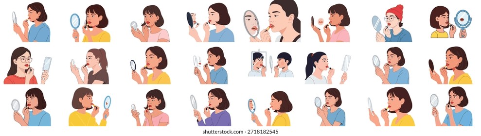 Collection of flat vector illustrations depicting diverse young women applying red lipstick while looking into handheld mirrors, focusing on beauty routine and cosmetics.