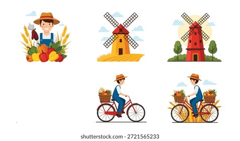 Colección de Ilustraciones vectoriales planas que representan la vida agrícola con un agricultor, molinos de viento y una persona que monta en bicicleta.
