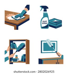 A collection of flat vector illustrations depicting home cleaning tasks including wiping a wooden table dusting a bookshelf and using a spray bottle with towels