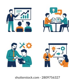 A collection of flat vector illustrations depicting business training mentoring teamwork presentations and professional development in the workplace