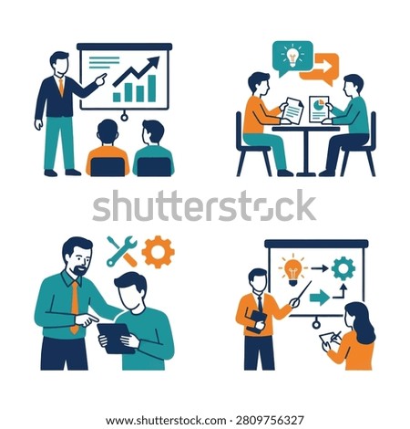 A collection of flat vector illustrations depicting business training mentoring teamwork presentations and professional development in the workplace