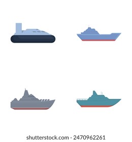 Collection of flat vector illustrations of different types of cartoon ships including passenger, cargo, and naval ships