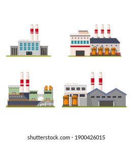 Collection of flat vector illustrations of a factory complex. Suitable for design element of chemical companies, oil and gas processing, fuel and energy supply industries.