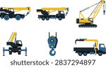 A collection of flat vector illustrations featuring various types of construction cranes and heavy machinery equipment on a white background.
