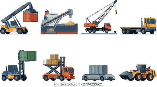 A collection of flat vector illustrations featuring industrial vehicles used for cargo handling, shipping, and construction logistics. This set is perfect for supply chain infographics, transportation presentations, and industrial design projects.
