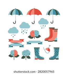A collection of flat vector illustrations featuring rainy day essentials. The set includes colorful umbrellas, rain clouds with falling droplets, stylish rubber rain boots in solid and polka dot patterns, blooming hydrangea flowers, and decorative ribbons. The color palette is a soft mix of coral, light blue, and navy, perfect for spring or autumn themed designs.