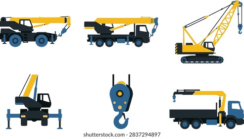 A collection of flat vector illustrations featuring various types of construction cranes and heavy machinery equipment on a white background.