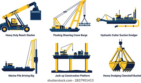 A collection of flat vector illustrations featuring various heavy industrial machinery used in maritime construction, dredging, and port logistics operations.