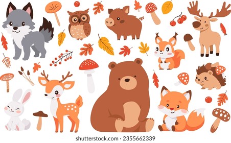 Collection of flat vector illustrations on white background. Autumn illustration, forest animals, mushrooms leaves. Bear deer hare wolf owl squirrel fox elk hedgehog wild boar.