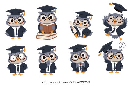 A collection of flat vector illustrations on a white background. A cute owl wearing glasses, a graduation gown, and a graduation cap, depicted with various expressions and in different poses