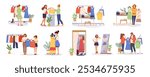 Collection flat vector illustrations people in clothes shop. Buyers shopping in boutique. Fashion women choosing modern clothes on hanger rails. Outfit, apparel, trendy garments choice in showroom