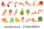 Collection of flat vector illustrations showing hands holding various fresh fruits including apple, banana, avocado, orange, strawberry, grapes, watermelon, kiwi, lemon, pear, durian, pomegranate, and more. Modern minimal style with clean shapes and soft colors. Represents healthy eating, organic food, vegan lifestyle, nutrition, and fresh tropical produce. Perfect for health campaigns, grocery branding, packaging, posters, and social media content.