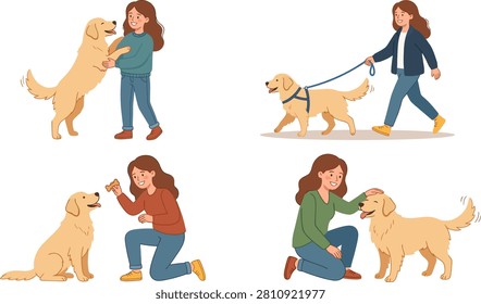 A collection of flat vector illustrations showing a girl walking, training, and playing with her golden retriever dog in various daily activities