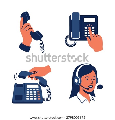 A collection of flat vector illustrations showing hands dialing a telephone, holding a receiver, and a call center representative wearing a headset for customer support services.