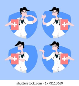Collection of flat vector illustrations of the style and character of the doctor examining and diagnosing patients.