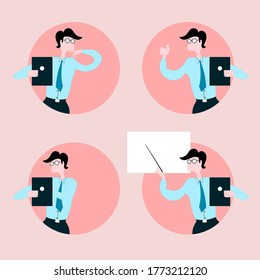 Collection of flat vector illustrations of the style and character of the teacher or lecturer teaching in online classes during the covid-19 pandemic. Teaching from Home in the covid-19 pandemic.