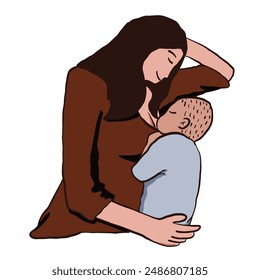 Colección de Imágenes vectoriales planas de una madre amamantando a su Pequeño hijo con un cariñoso sentimiento materno, en varias posiciones. Ilustraciones de estilo dibujadas a mano.