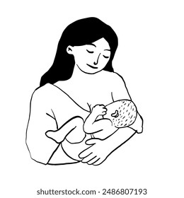 Collection of flat vector images of a mother breastfeeding her small child with a loving maternal feel, in various positions. Hand drawn style illustrations.