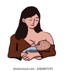 Collection of flat vector images of a mother breastfeeding her small child with a loving maternal feel, in various positions. Hand drawn style illustrations.