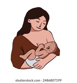 Collection of flat vector images of a mother breastfeeding her small child with a loving maternal feel, in various positions. Hand drawn style illustrations.
