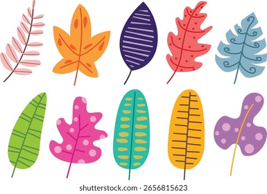 Collection of flat vector leaves in different colors and shapes. Suitable for prints, greeting cards, wallpapers, or digital scrapbooking.