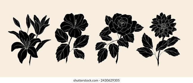 Collection of flat vector lily, hibiscus, rose, dahlia