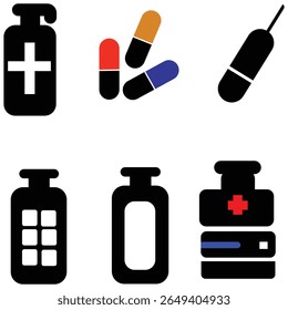 A collection of flat vector medical icons including pills, capsules, syringes, and medicine bottles. Perfect for pharmacy, healthcare, hospital, and drug-related UI or infographics