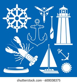 A collection of flat vector nautical icons including anchors, boats, paddles, and a lighthouse.