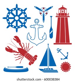 A collection of flat vector nautical icons including anchors, boats, paddles, and a lighthouse.
