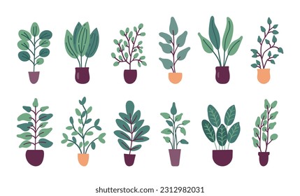 Colección de plantas planas vectoriales estampadas aisladas en fondo blanco